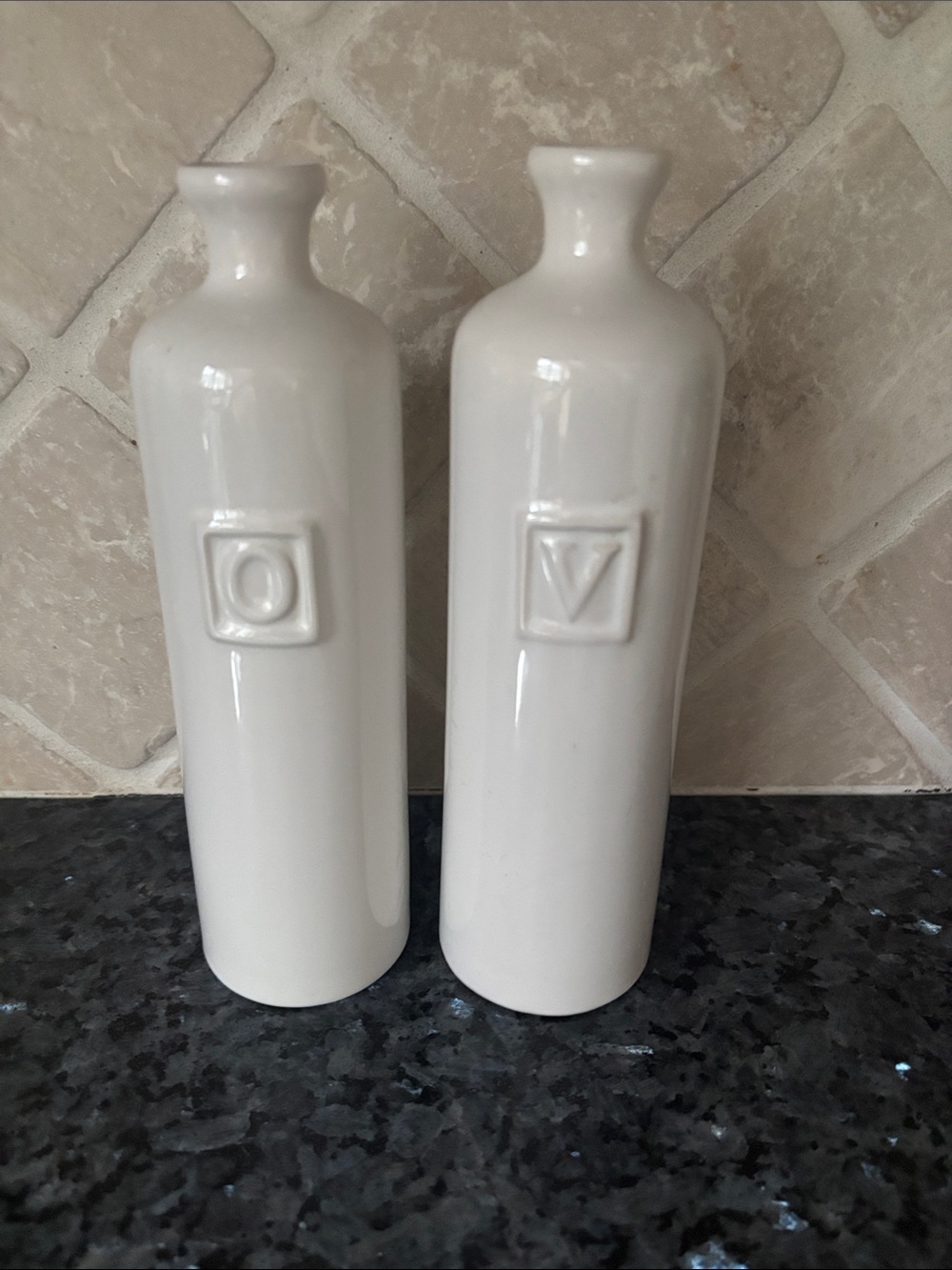 White set of Ceramic Decorative oil and vinegar Bottle Set - Home Accents